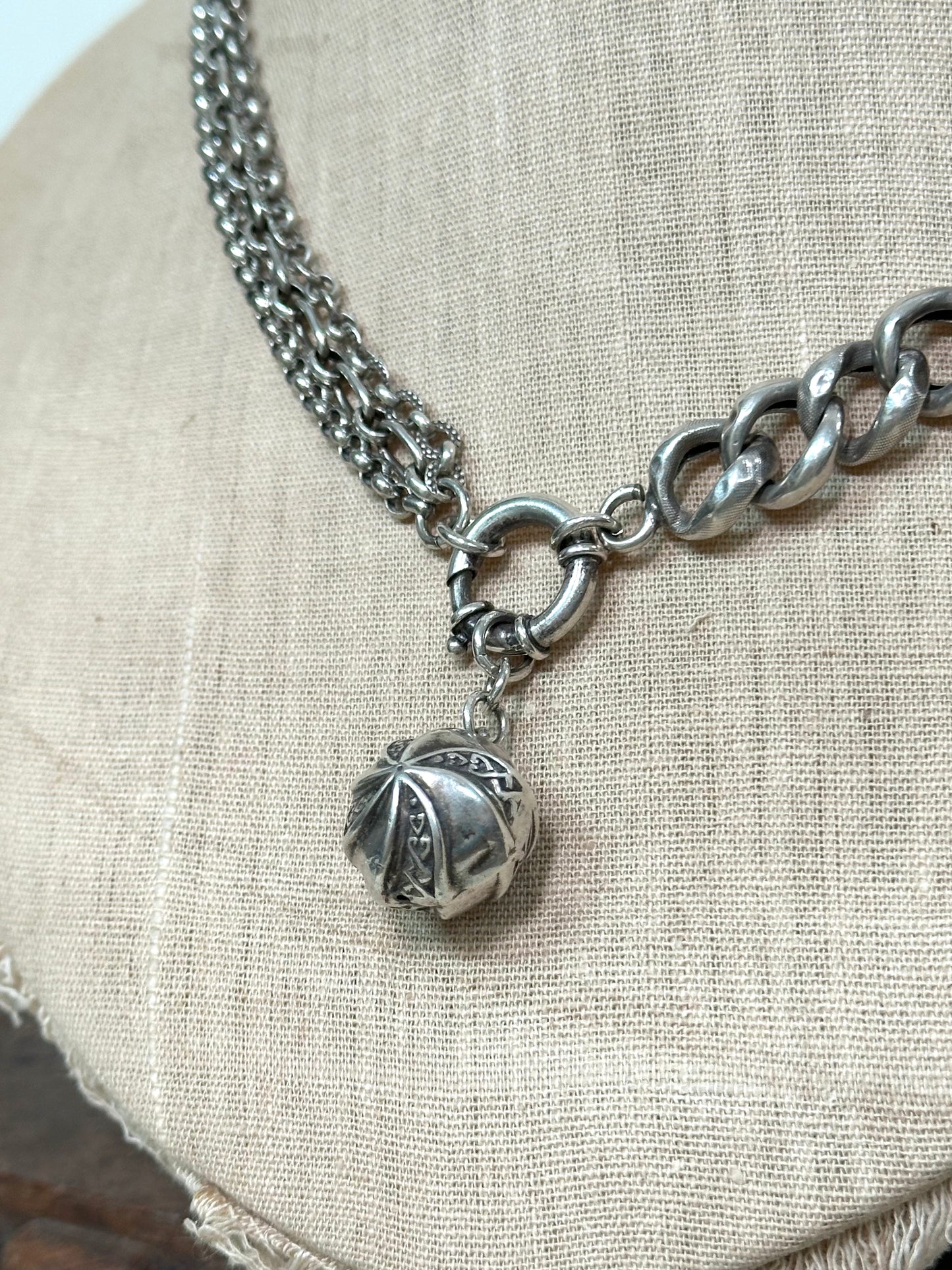 Antique French Silver Necklace With Ball Fob Charm