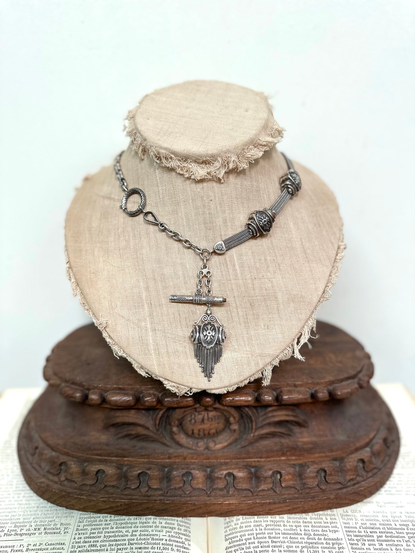 Antique French Silver Fob Watch Chain Necklace With Sliders