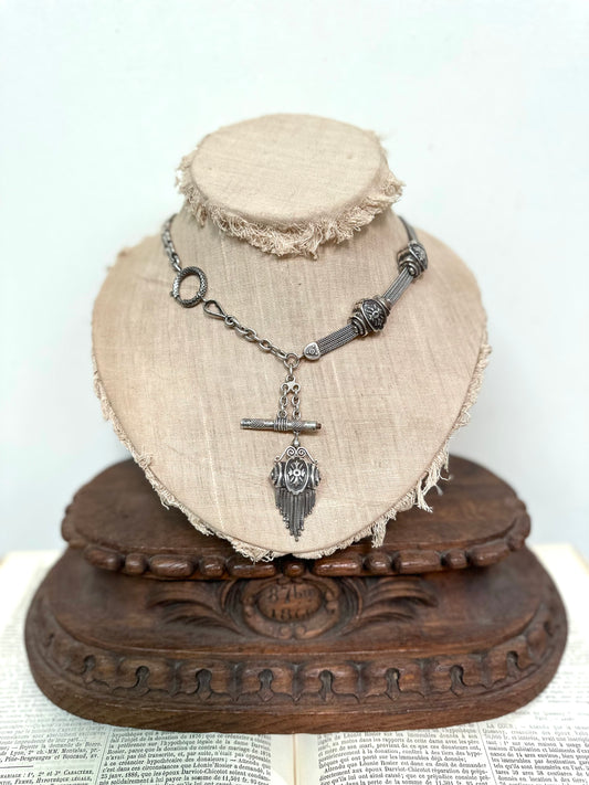 Antique French Silver Fob Watch Chain Necklace With Sliders