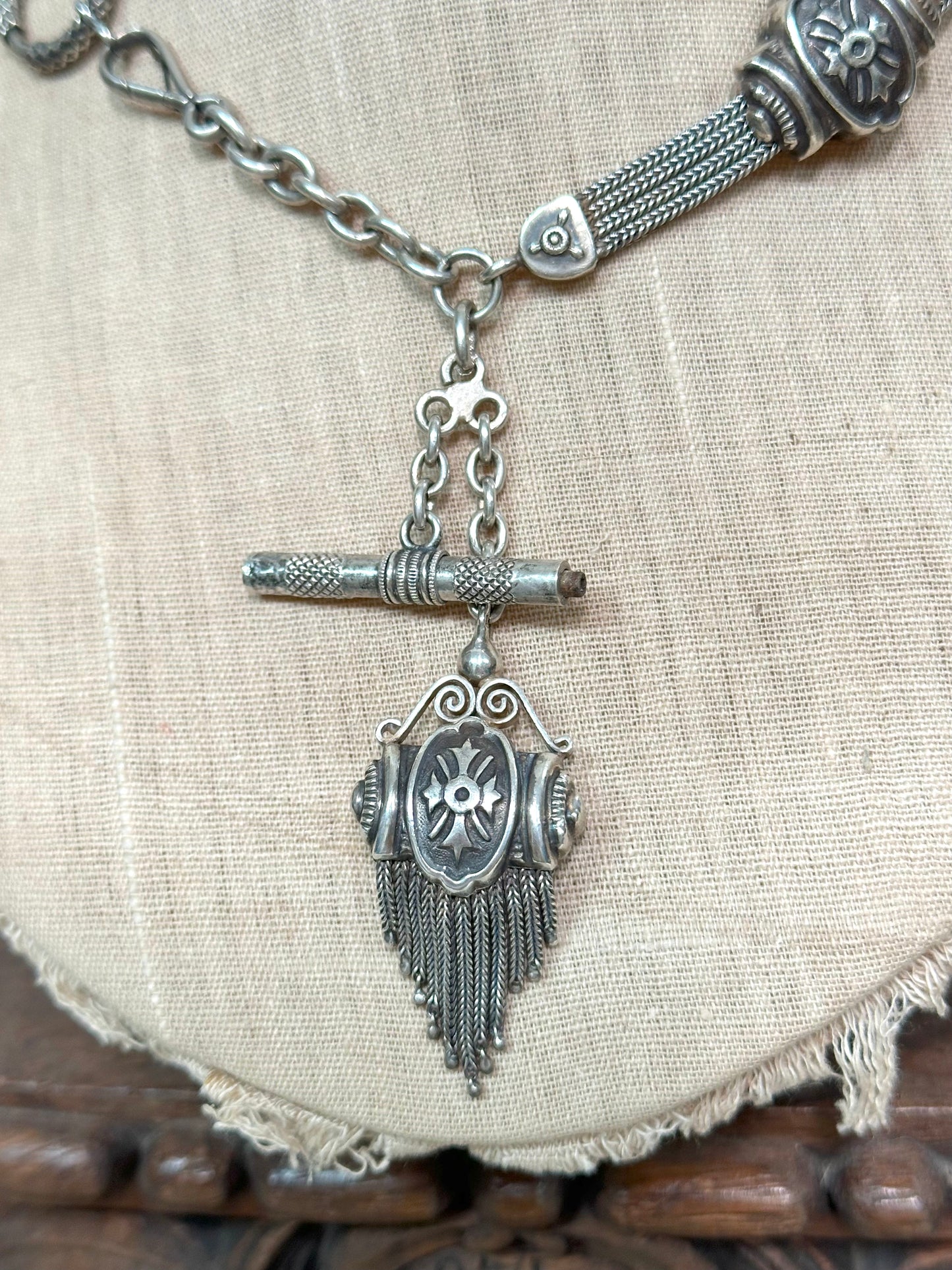 Antique French Silver Fob Watch Chain Necklace With Sliders