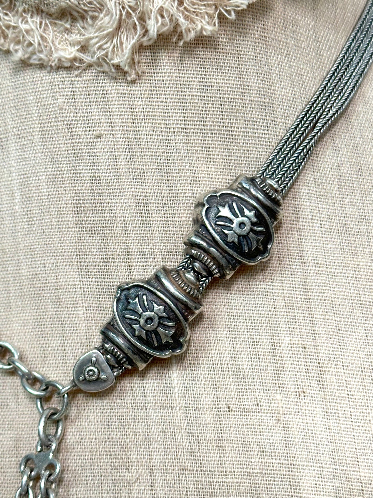 Antique French Silver Fob Watch Chain Necklace With Sliders
