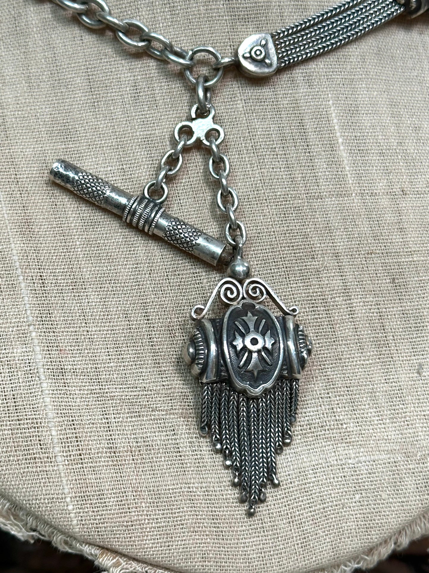 Antique French Silver Fob Watch Chain Necklace With Sliders