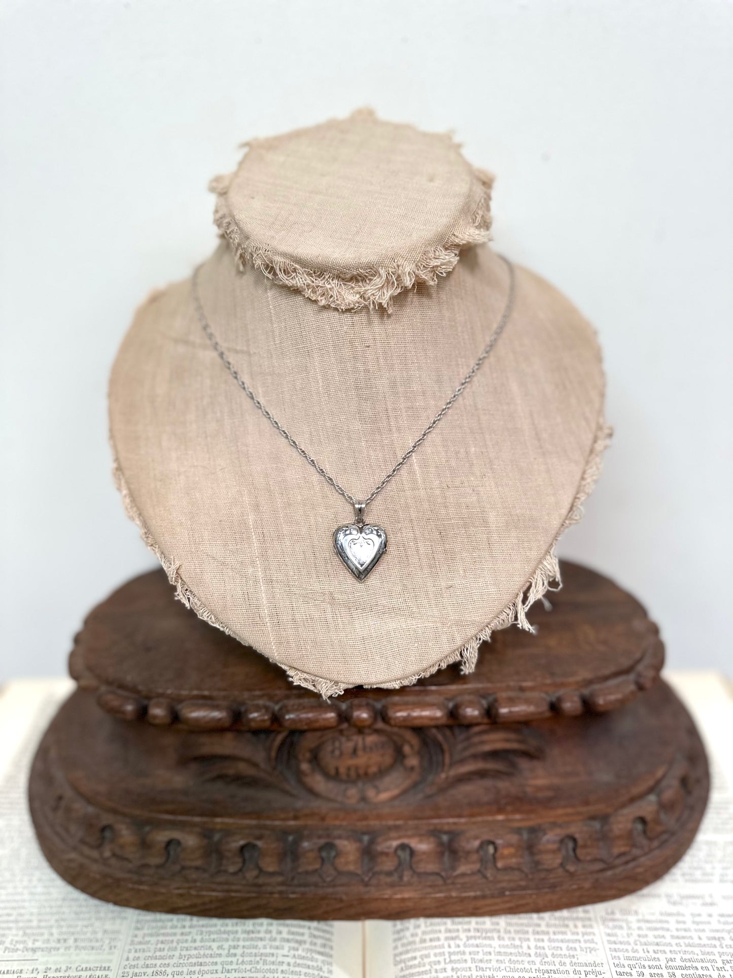 Antique French Silver Necklace With Heart Locket