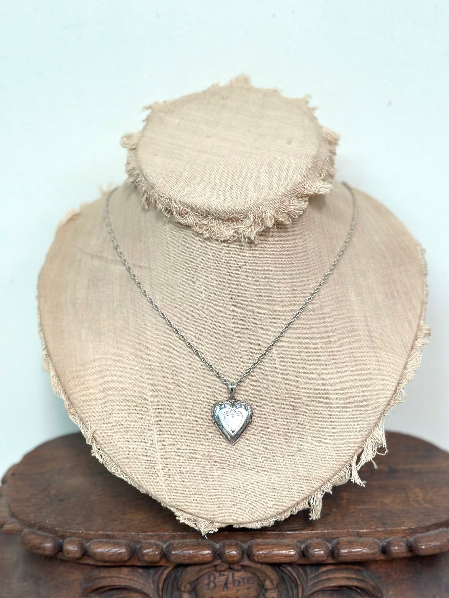 Antique French Silver Necklace With Heart Locket