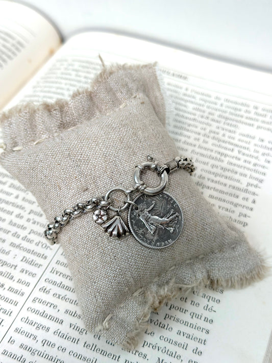 Antique French Silver 'Semeuse' Coin Bracelet With Petite Charms