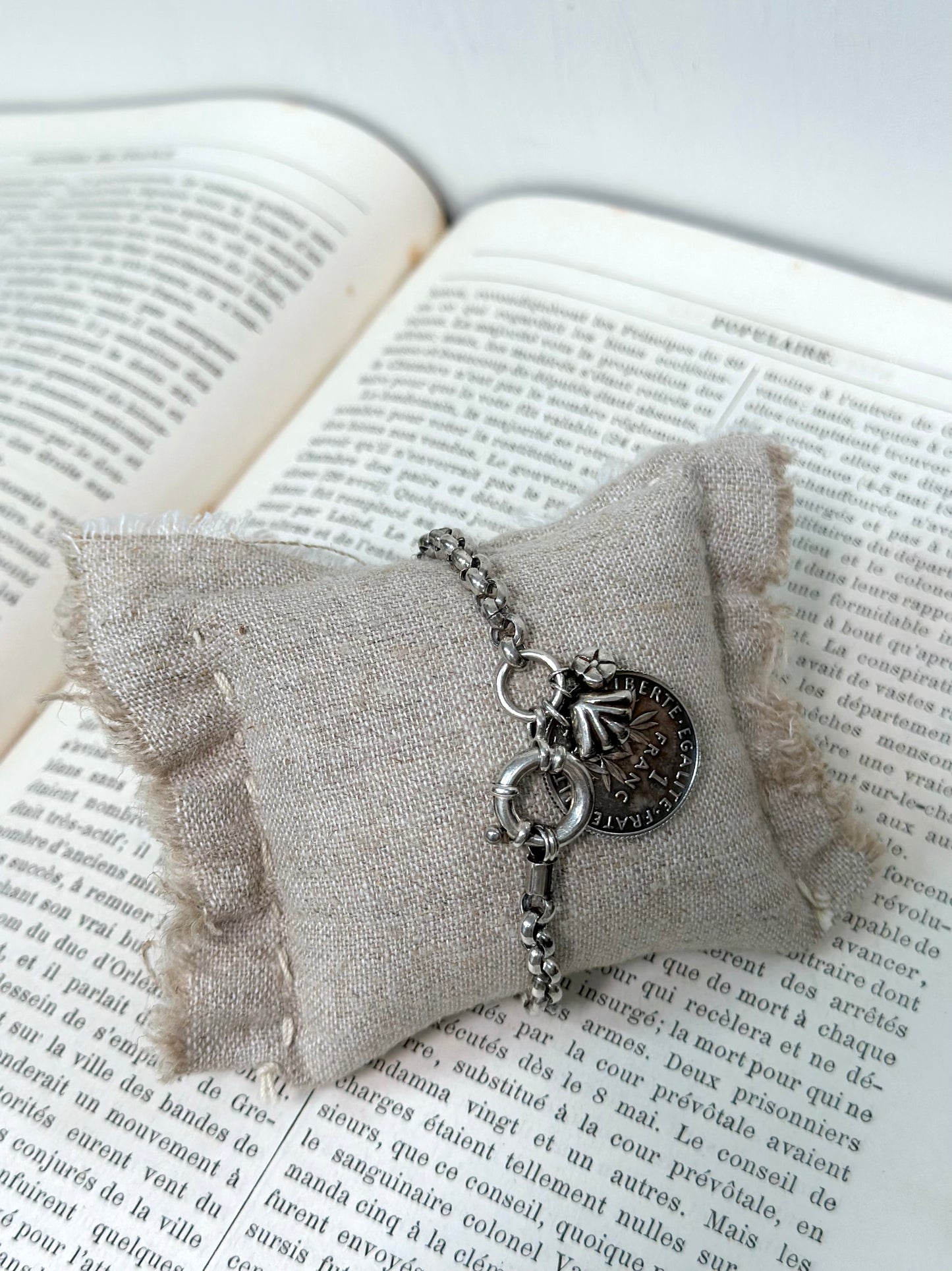 Antique French Silver 'Semeuse' Coin Bracelet With Petite Charms