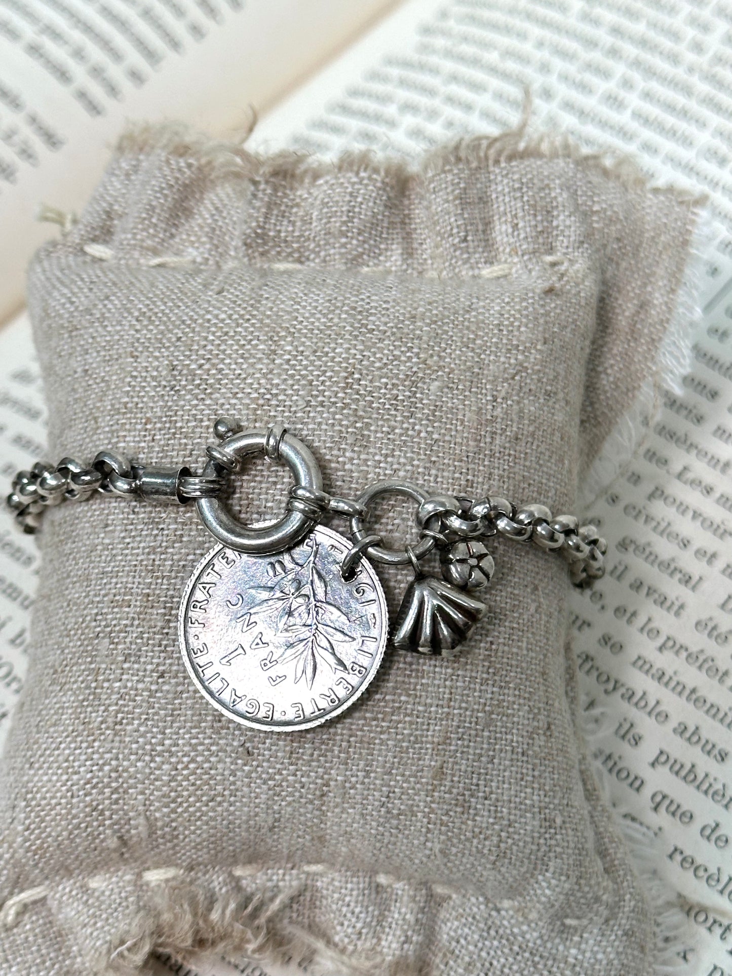 Antique French Silver 'Semeuse' Coin Bracelet With Petite Charms