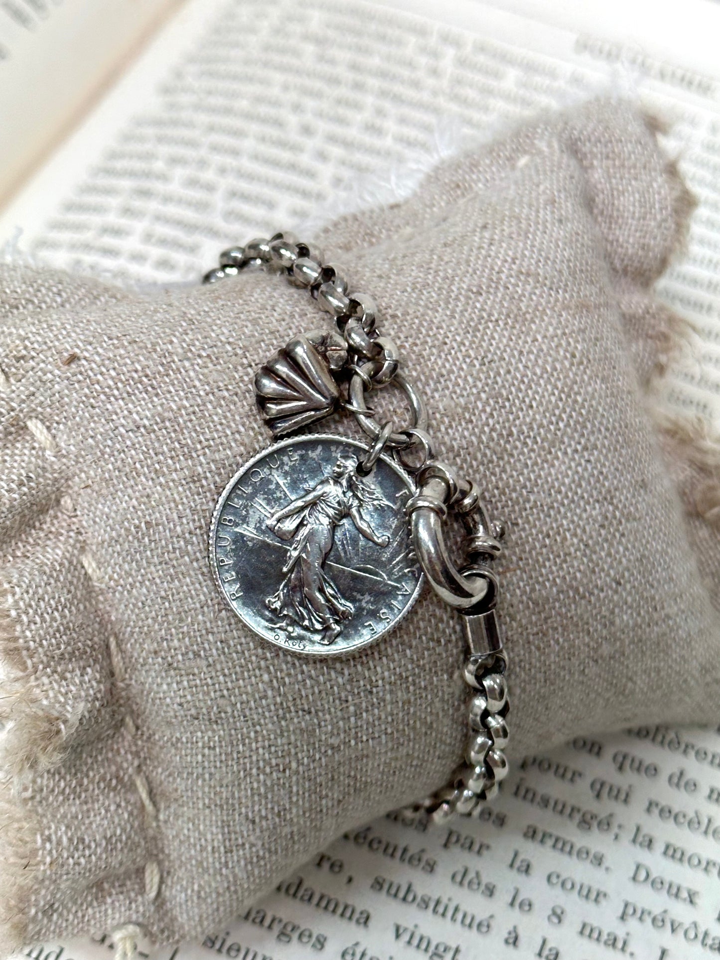 Antique French Silver 'Semeuse' Coin Bracelet With Petite Charms