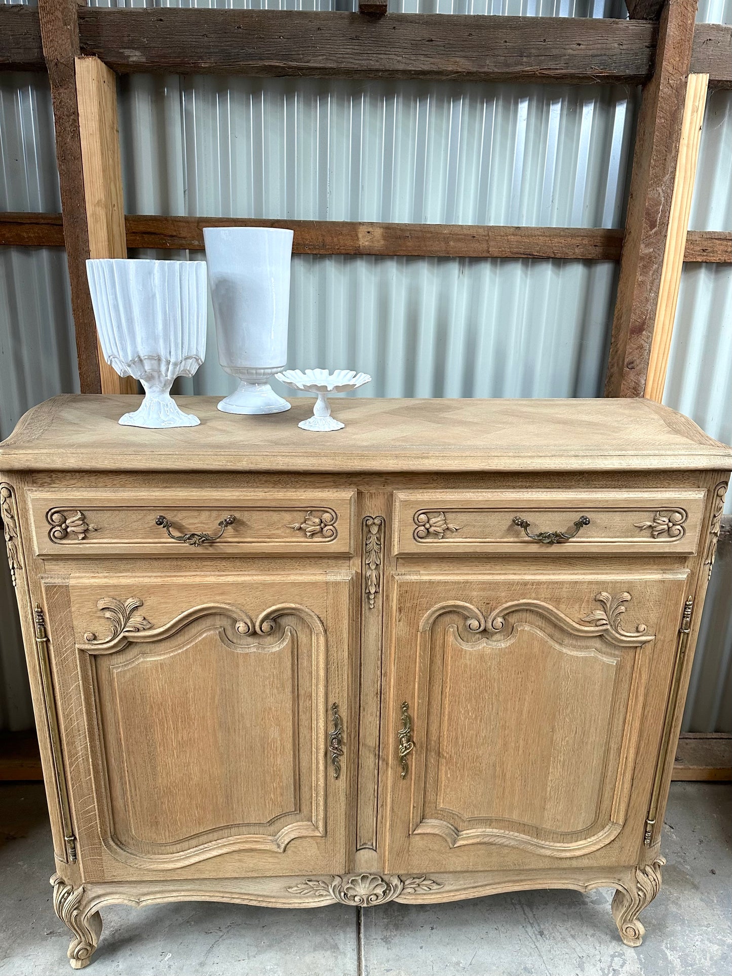 Antique French 2 Door 2 Drawer Marquetry Top Sideboard