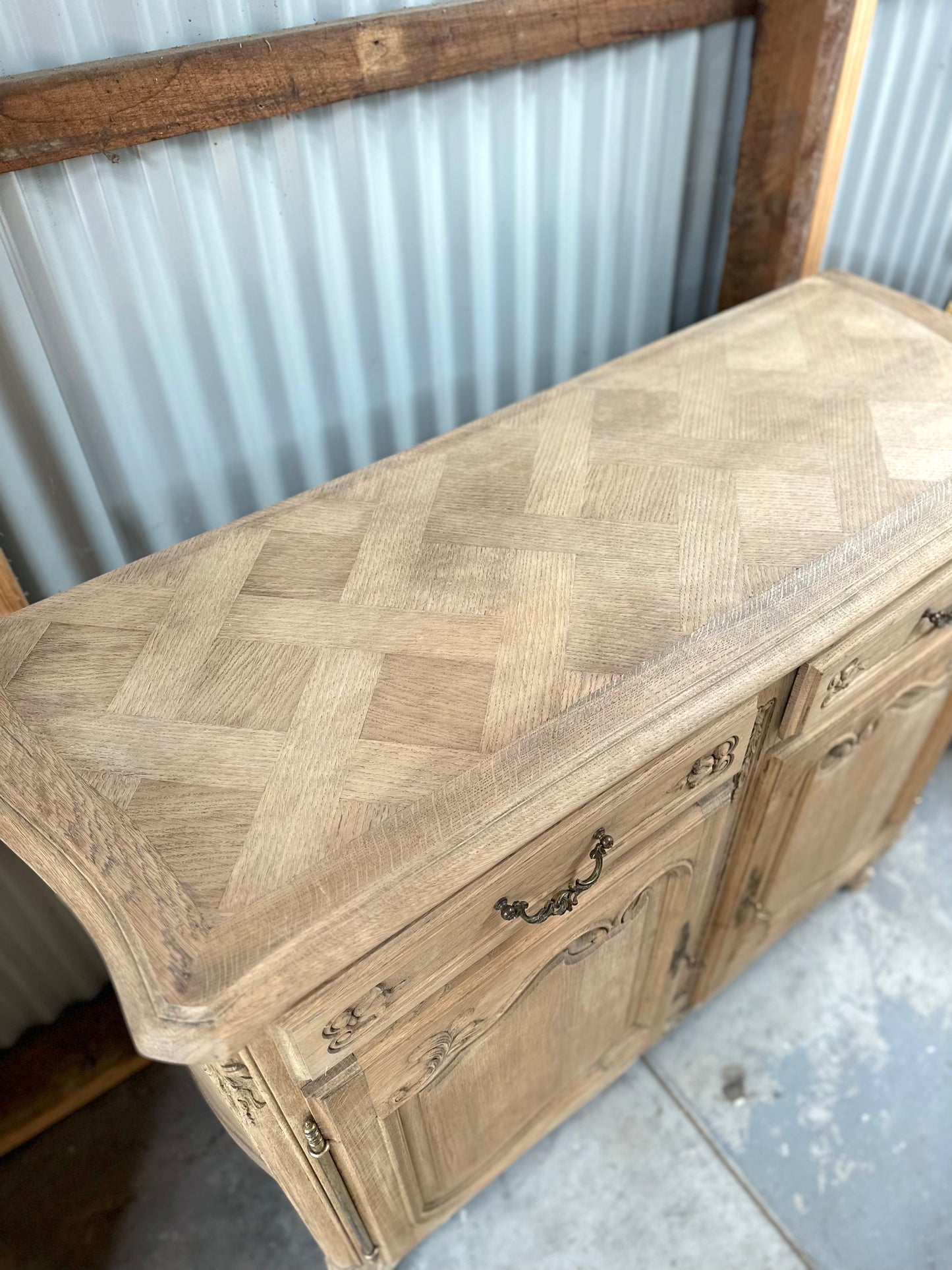 Antique French 2 Door 2 Drawer Marquetry Top Sideboard