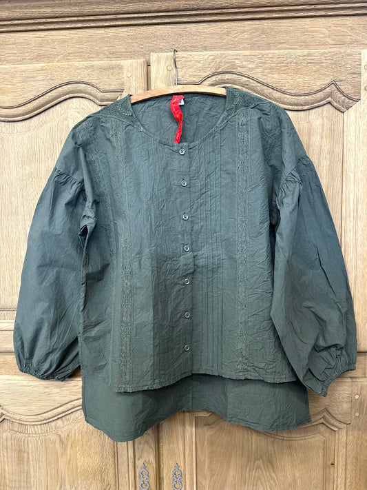 Ewa i Walla 'Odette' Cotton Blouse With Gathered Sleeve In Forest Green