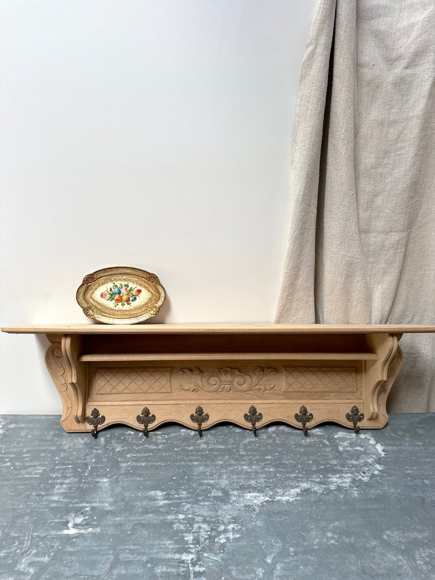 Antique French Raw Oak 6 Hook Double Wall Shelf