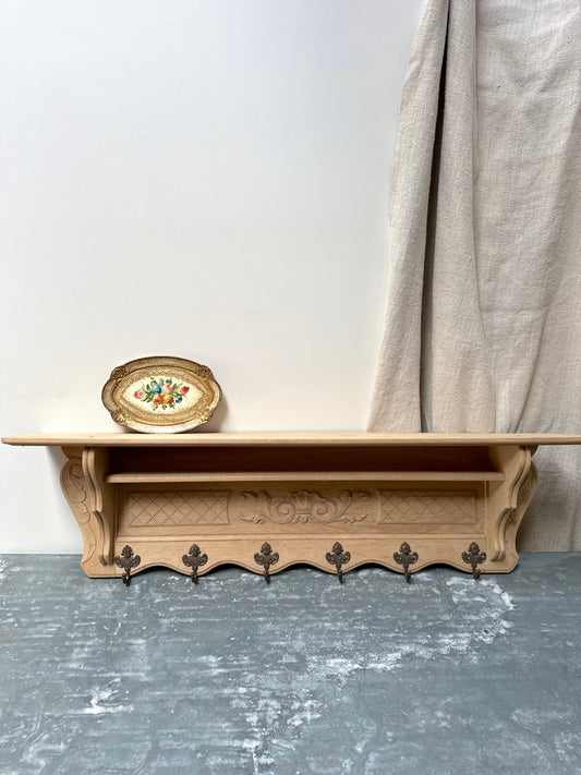 Antique French Raw Oak 6 Hook Double Wall Shelf