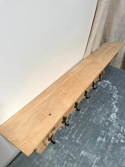 Antique French Raw Oak 6 Hook Double Wall Shelf