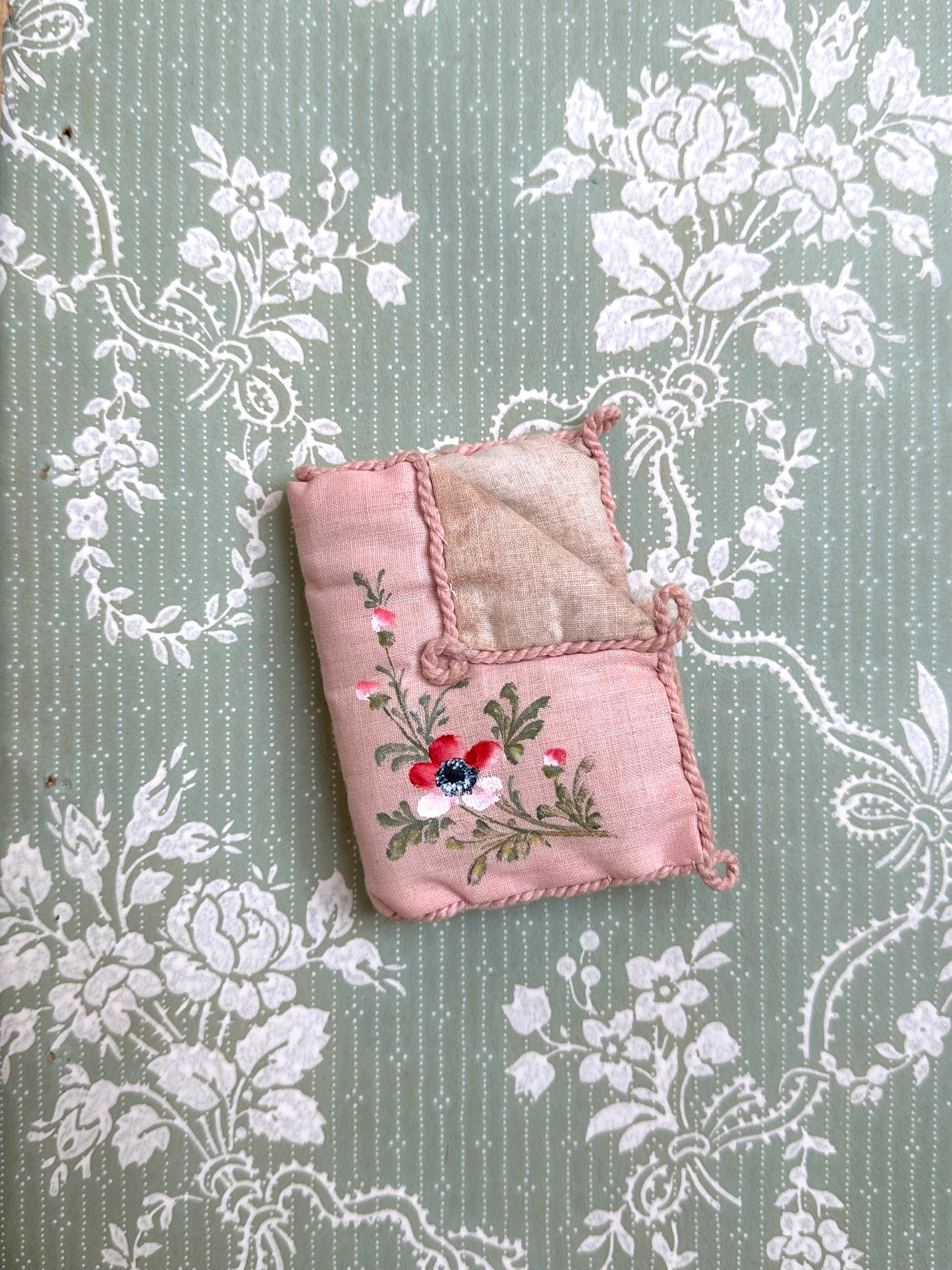 Antique French Pink Cushion Needle Book With Painted Floral Design