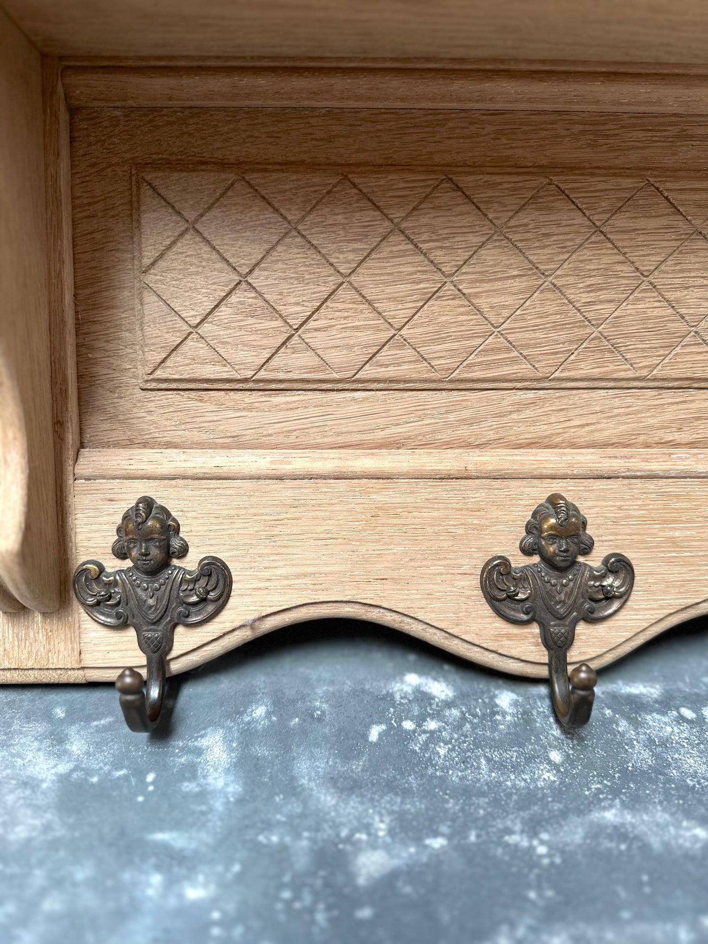 Antique French Raw Oak 6 Hook Double Wall Shelf