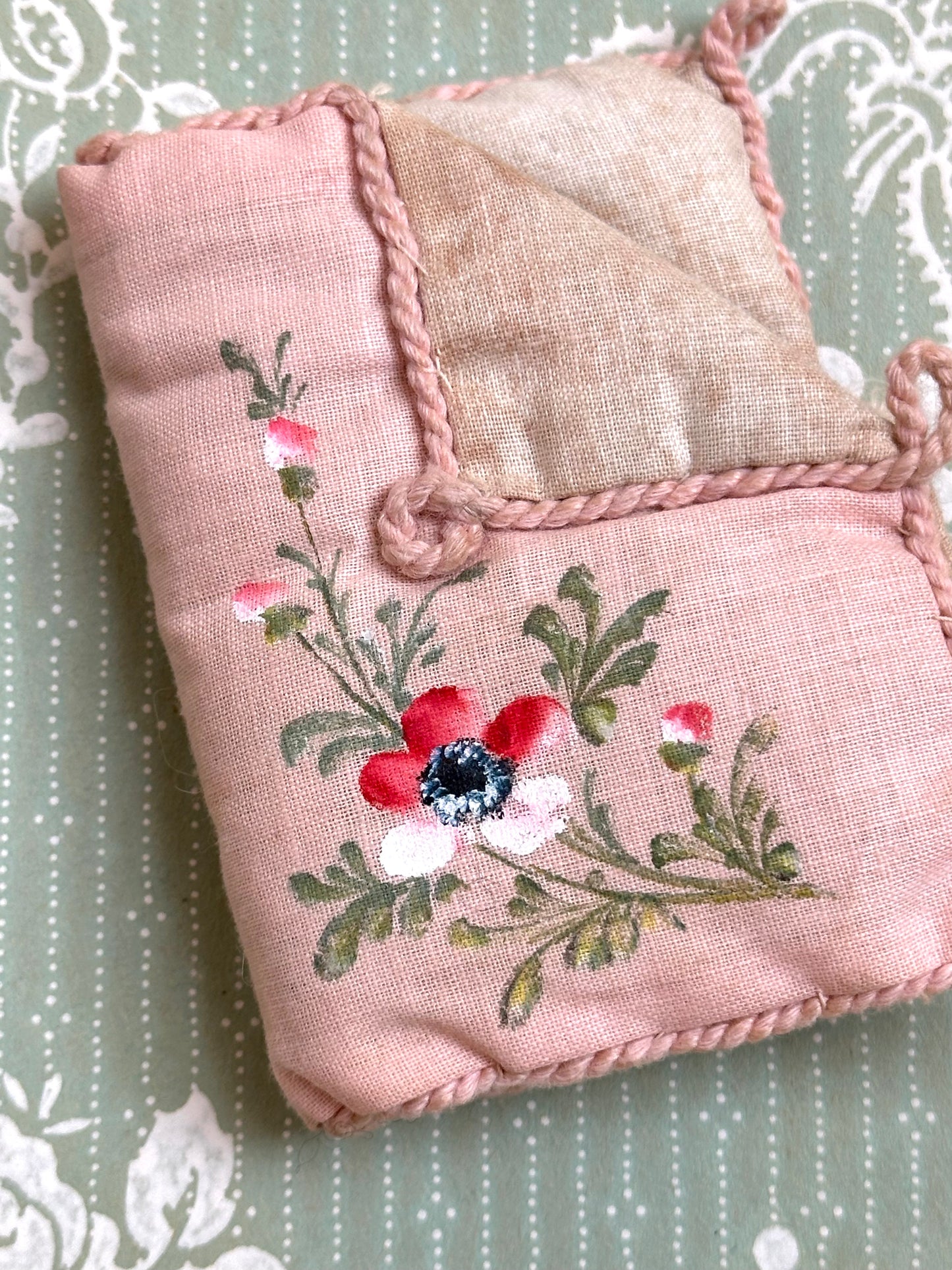Antique French Pink Cushion Needle Book With Painted Floral Design