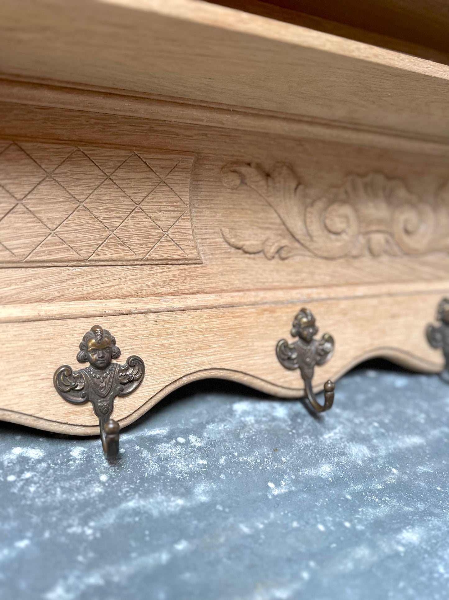 Antique French Raw Oak 6 Hook Double Wall Shelf