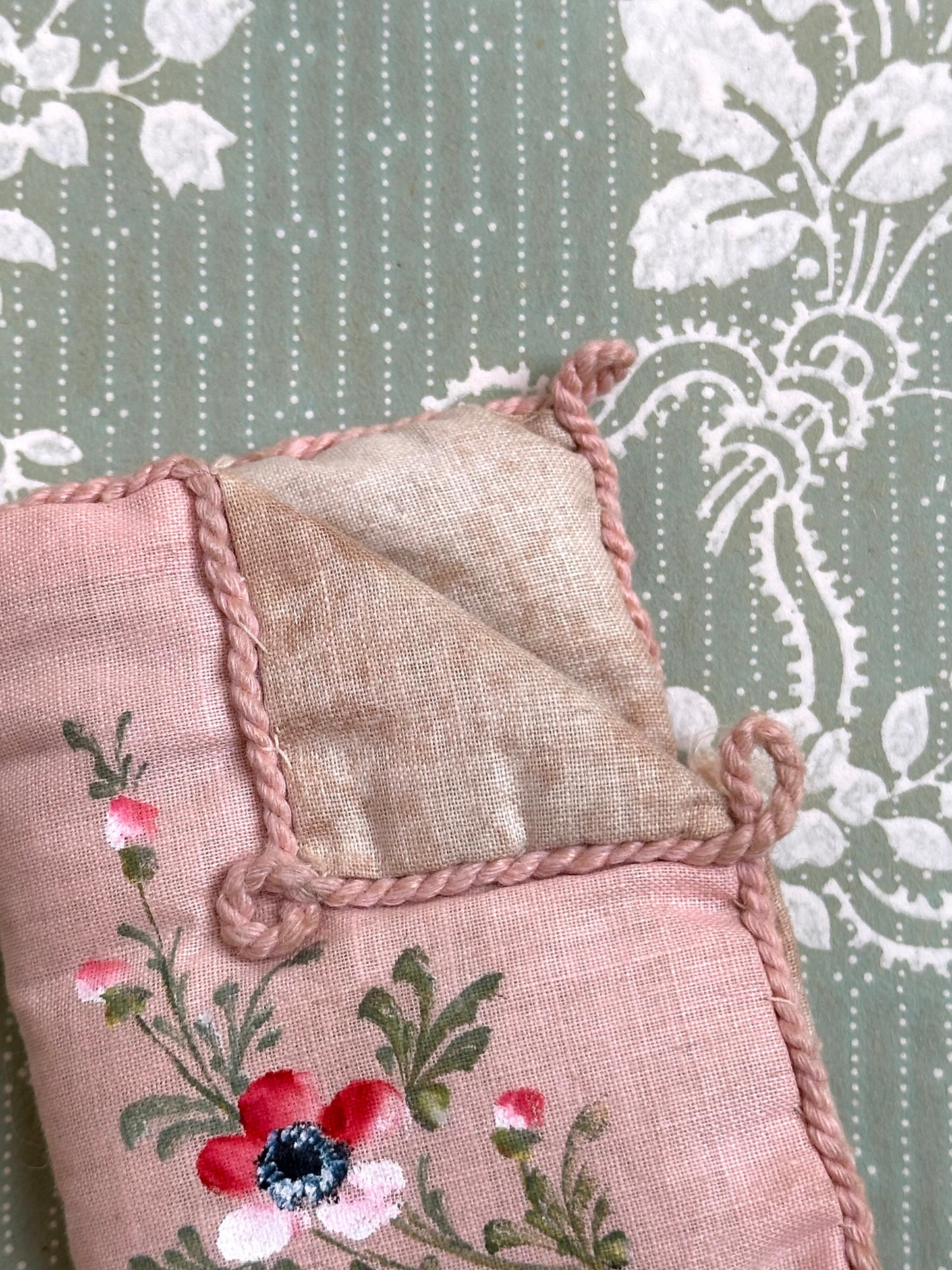 Antique French Pink Cushion Needle Book With Painted Floral Design