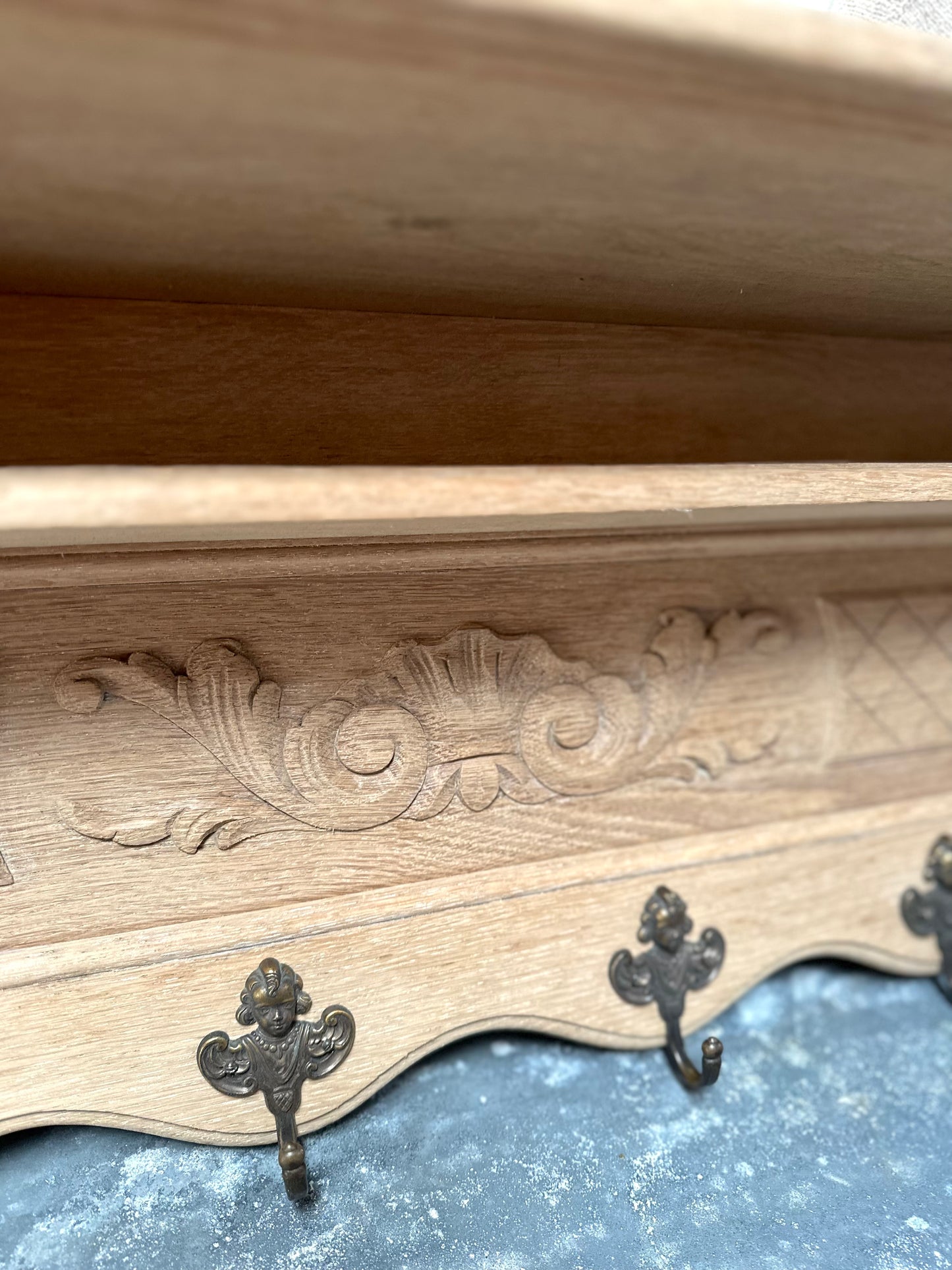 Antique French Raw Oak 6 Hook Double Wall Shelf