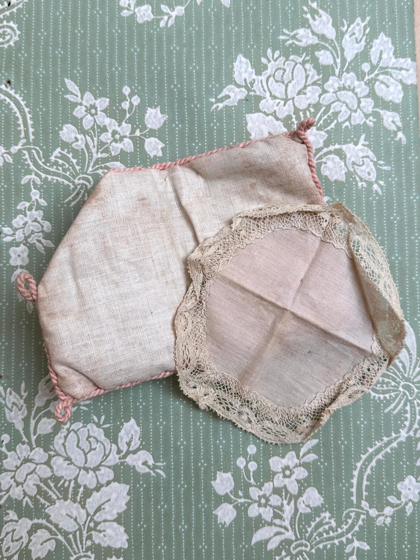 Antique French Pink Cushion Needle Book With Painted Floral Design