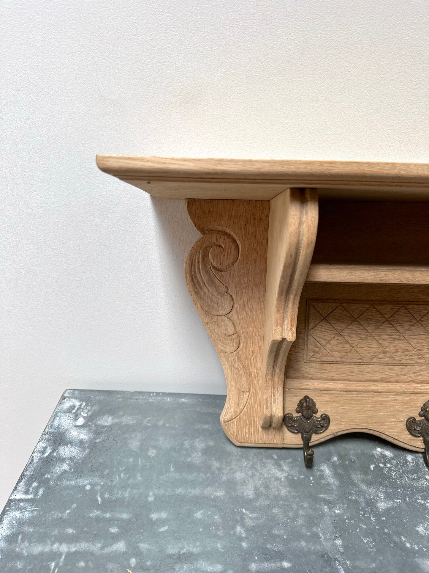 Antique French Raw Oak 6 Hook Double Wall Shelf