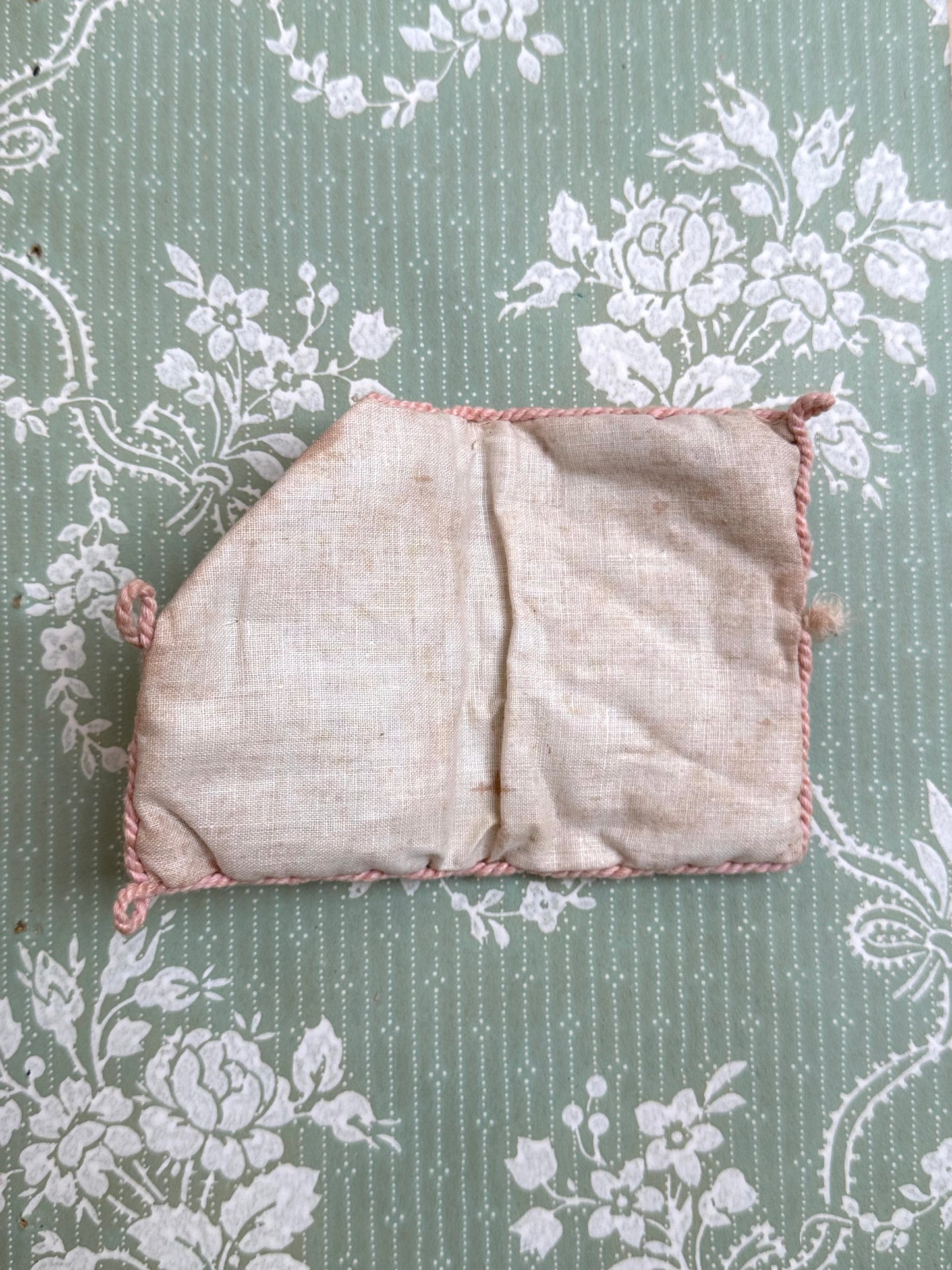 Antique French Pink Cushion Needle Book With Painted Floral Design