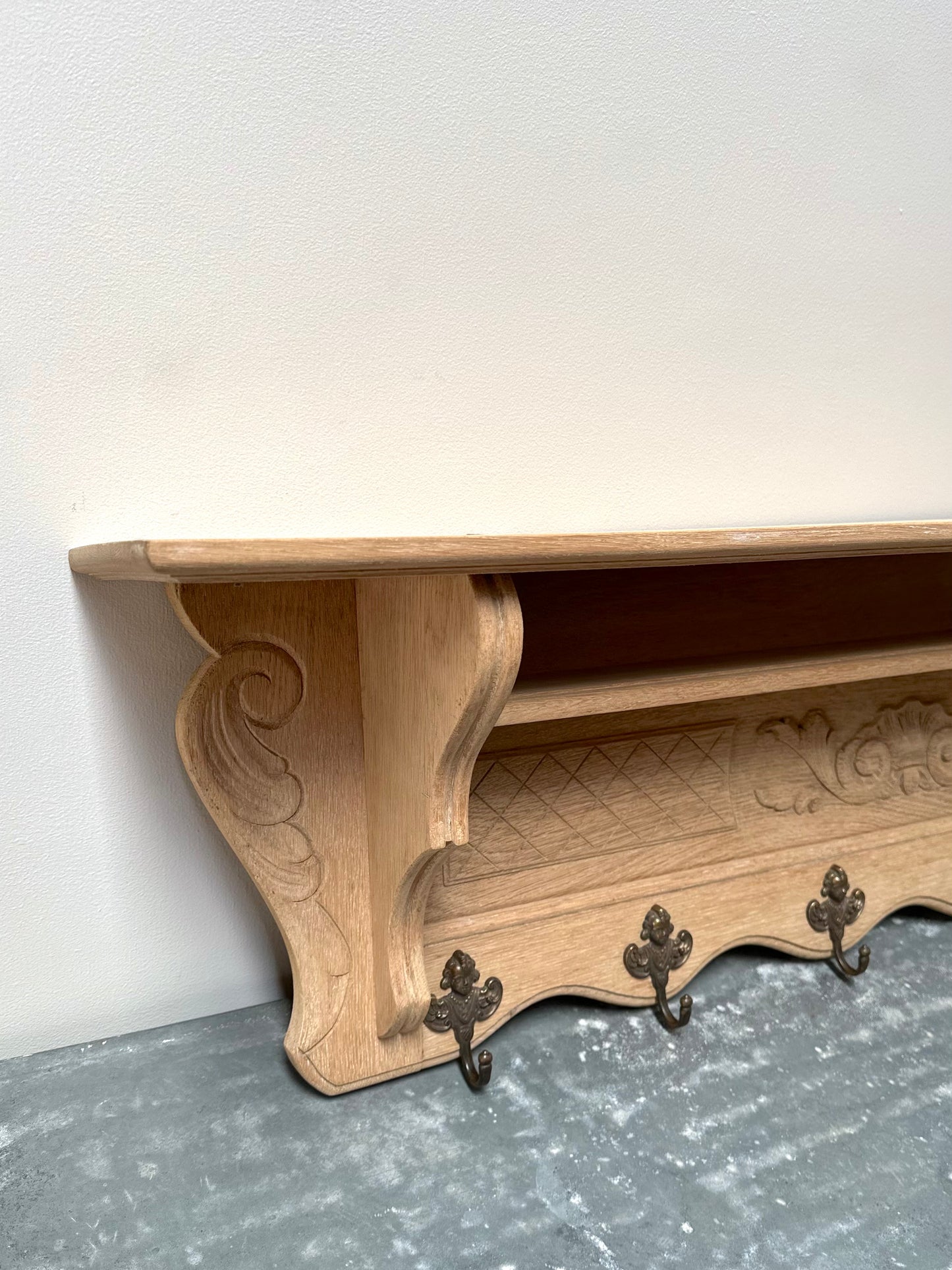Antique French Raw Oak 6 Hook Double Wall Shelf