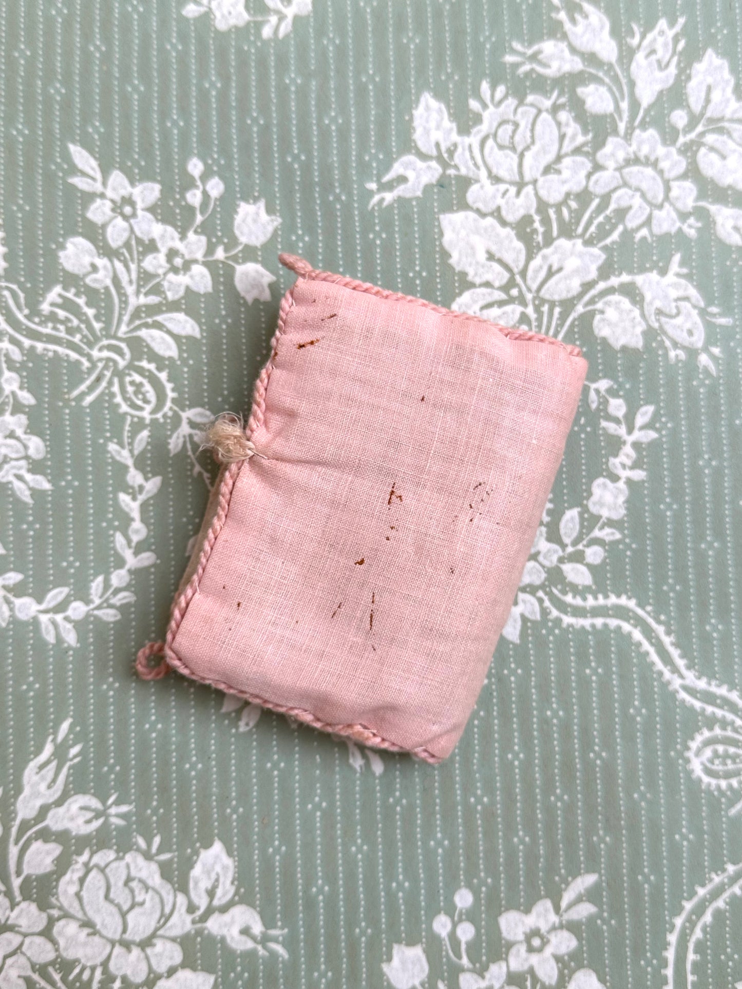 Antique French Pink Cushion Needle Book With Painted Floral Design