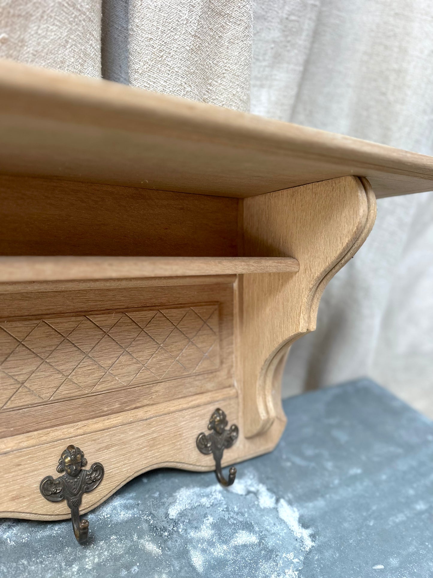 Antique French Raw Oak 6 Hook Double Wall Shelf
