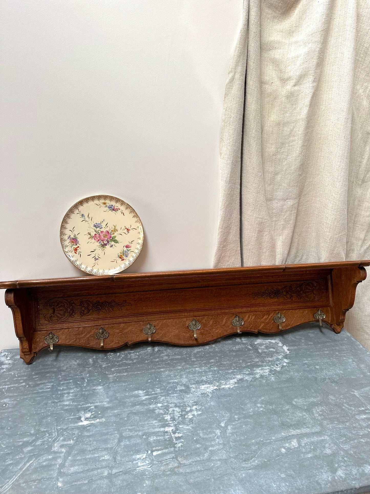 Antique French Large Oak 7 Hook Wall Shelf