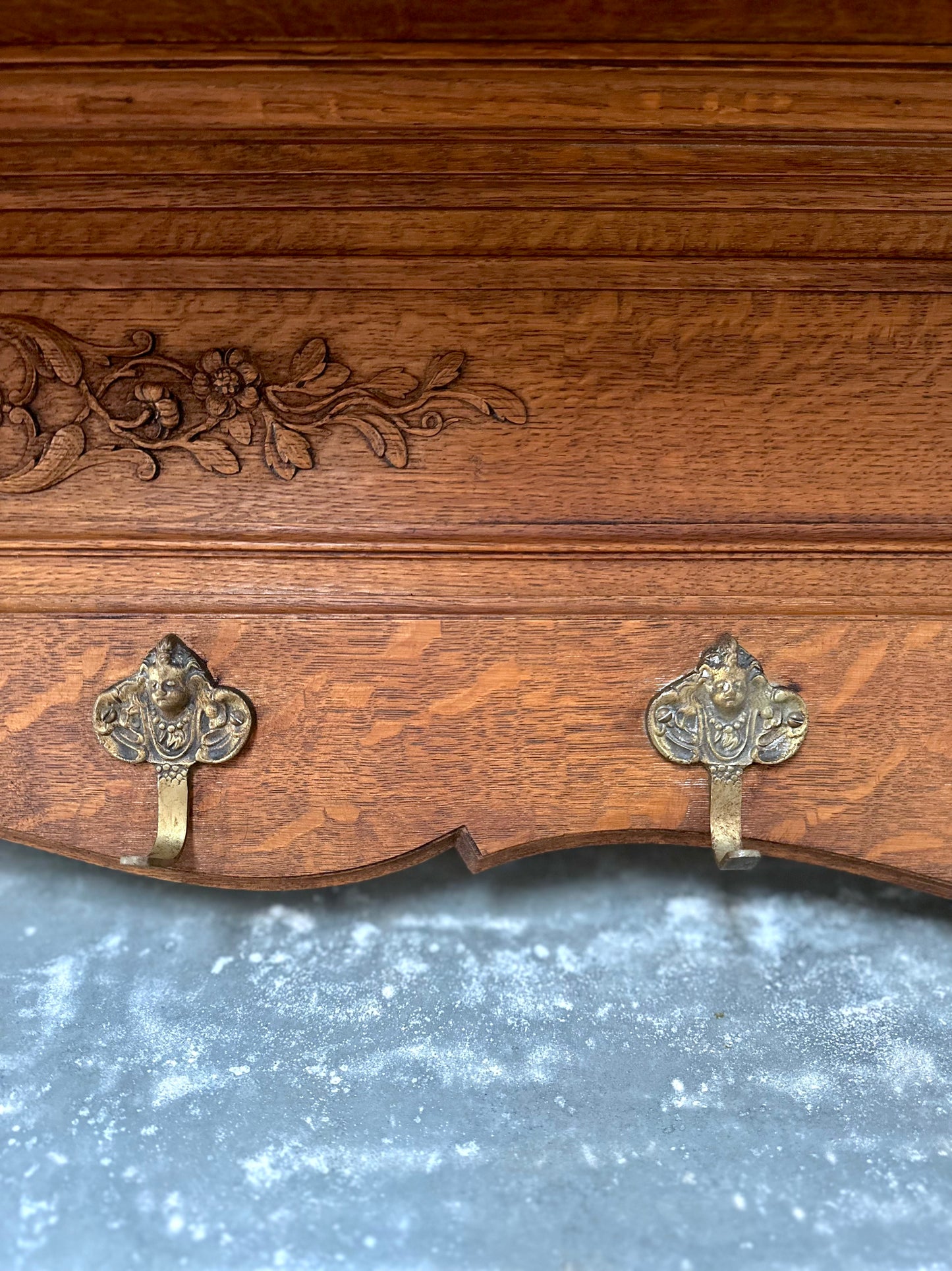 Antique French Large Oak 7 Hook Wall Shelf