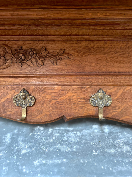 Antique French Large Oak 7 Hook Wall Shelf