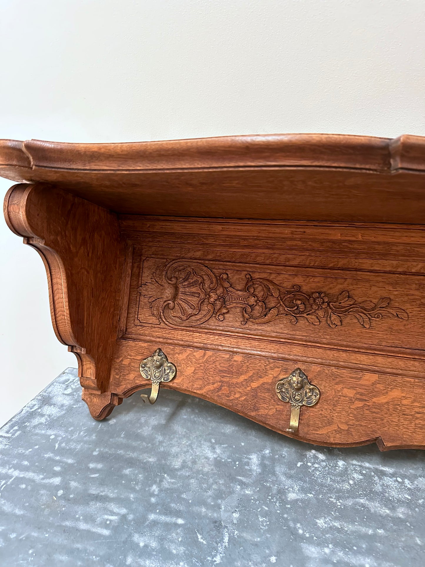 Antique French Large Oak 7 Hook Wall Shelf