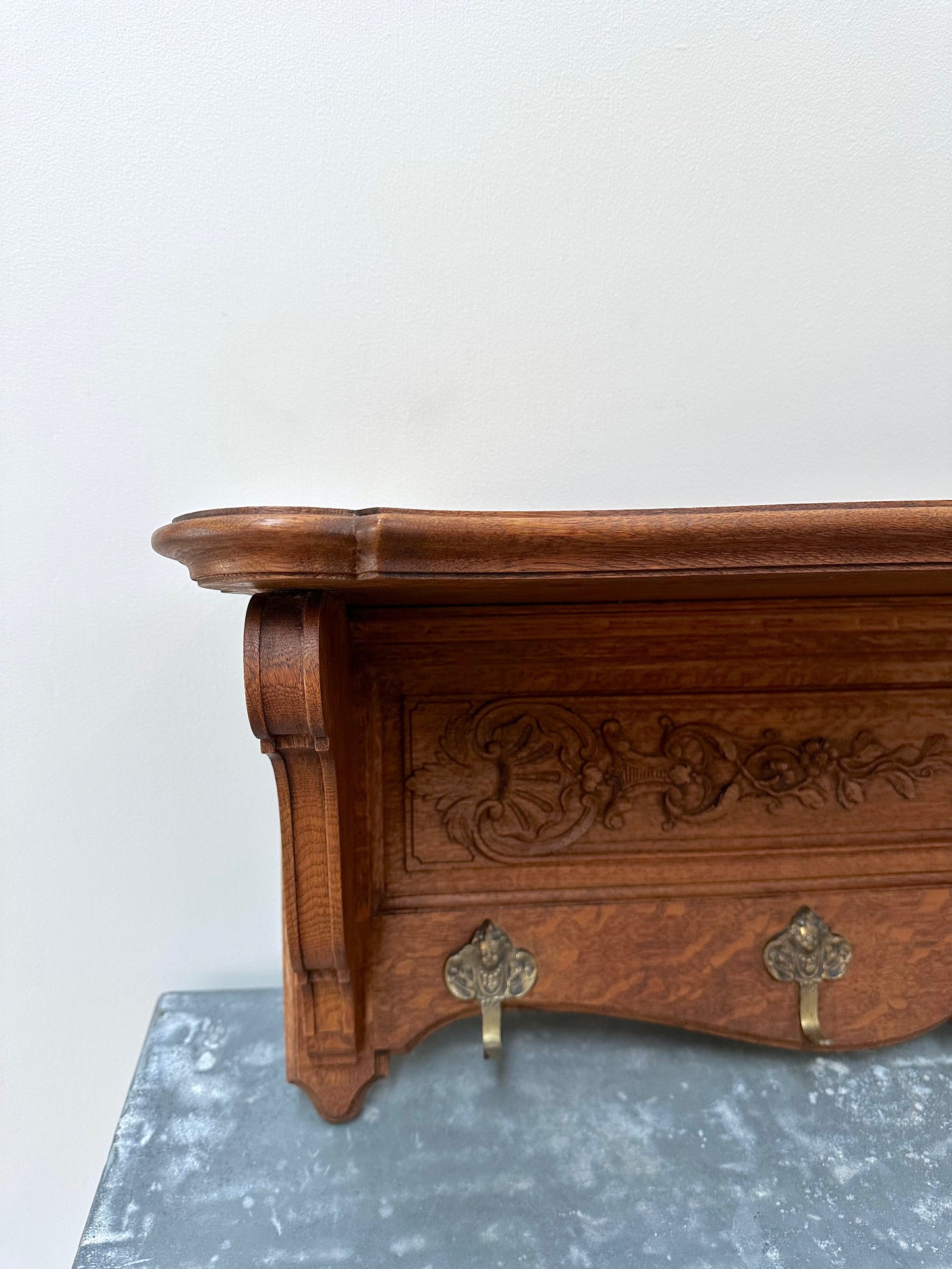 Antique French Large Oak 7 Hook Wall Shelf