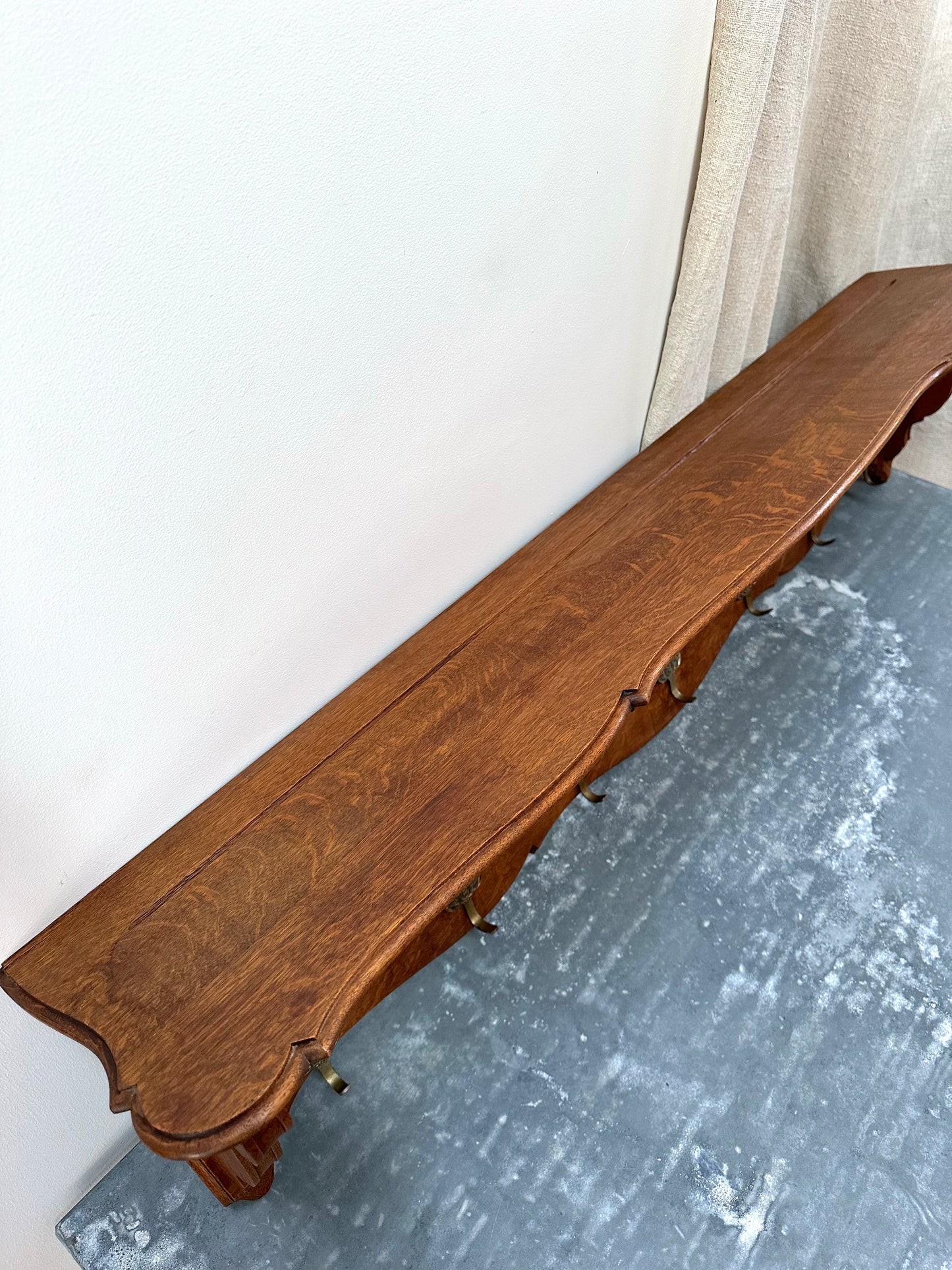 Antique French Large Oak 7 Hook Wall Shelf