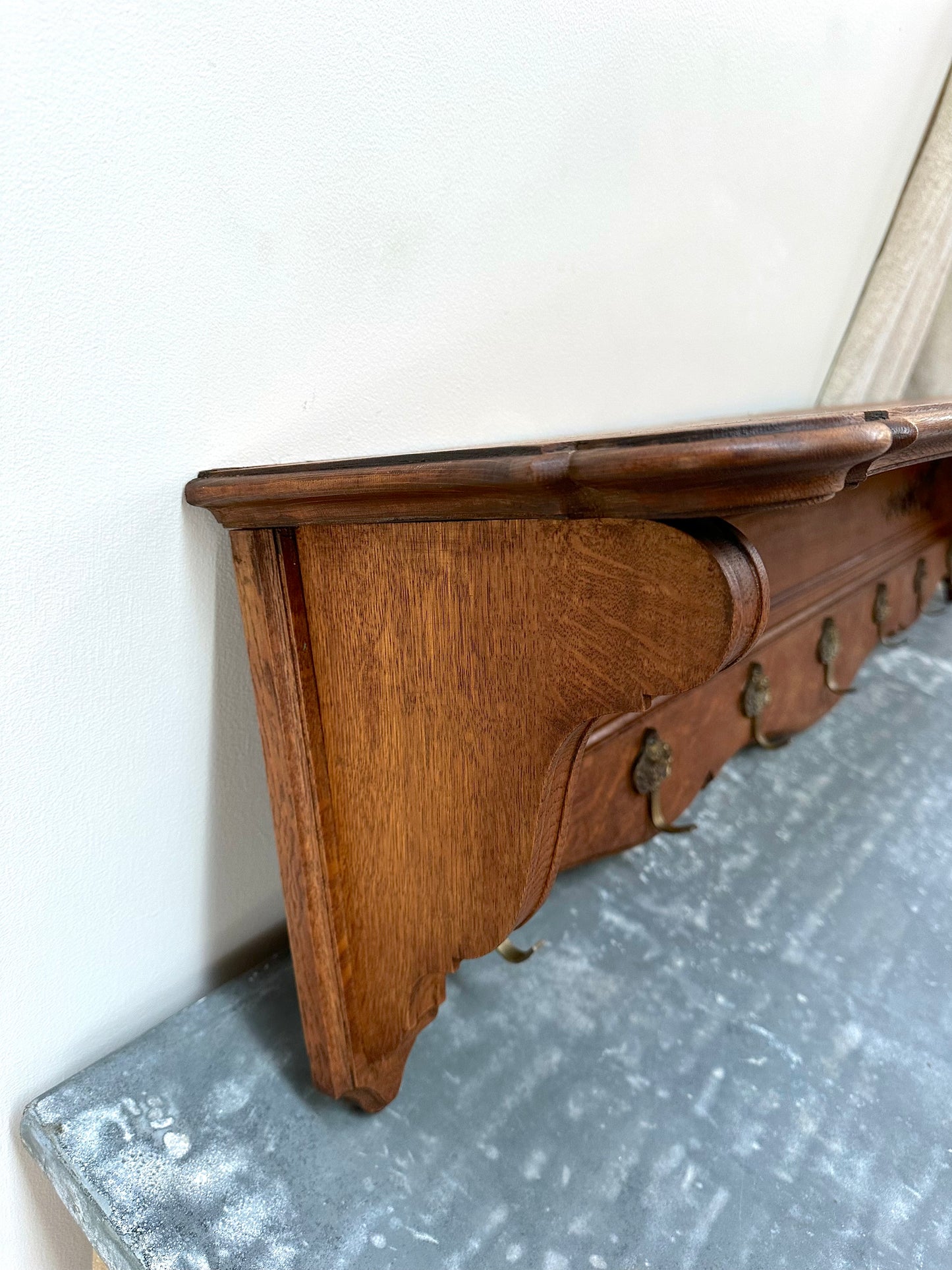 Antique French Large Oak 7 Hook Wall Shelf