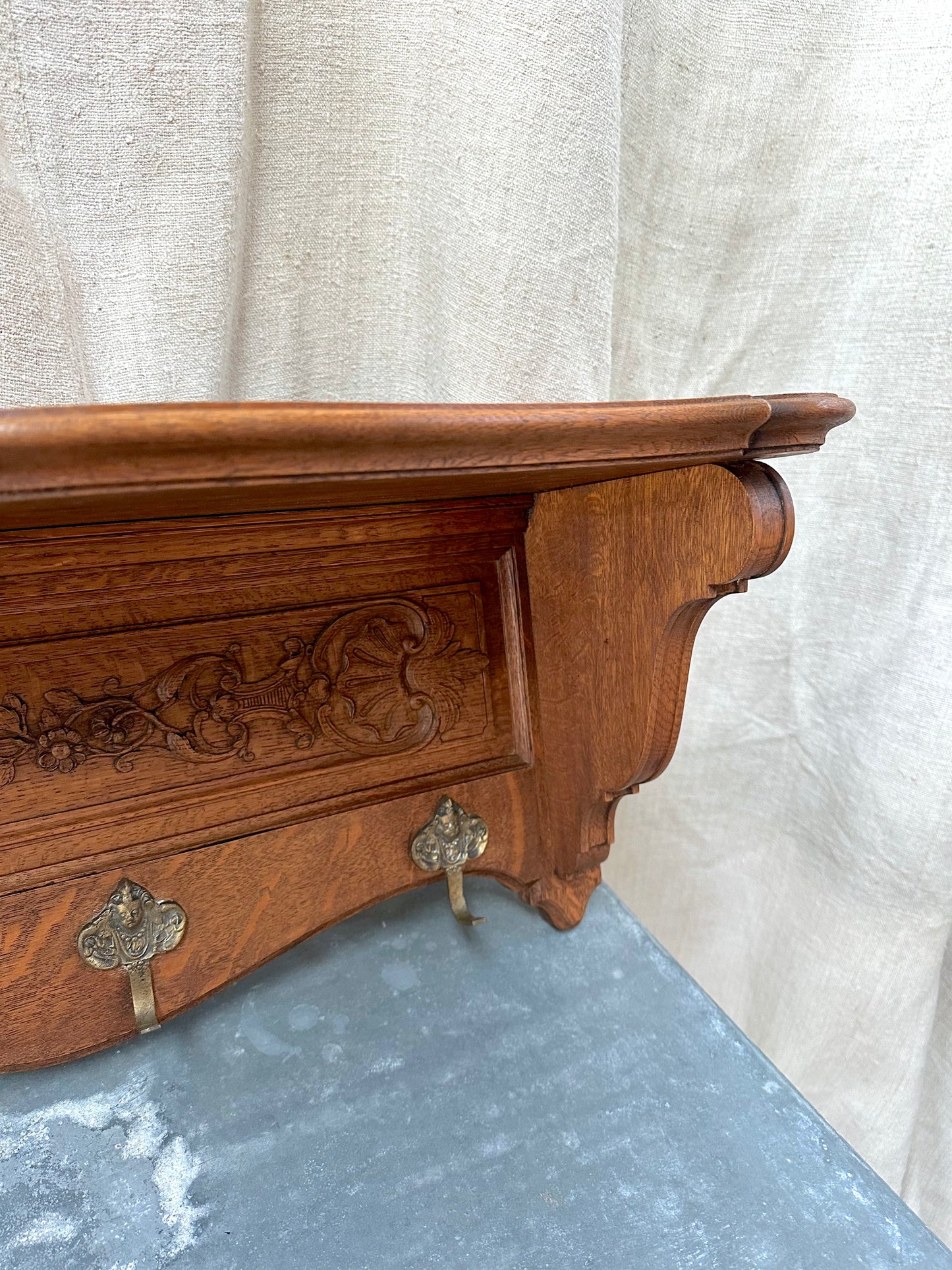 Antique French Large Oak 7 Hook Wall Shelf