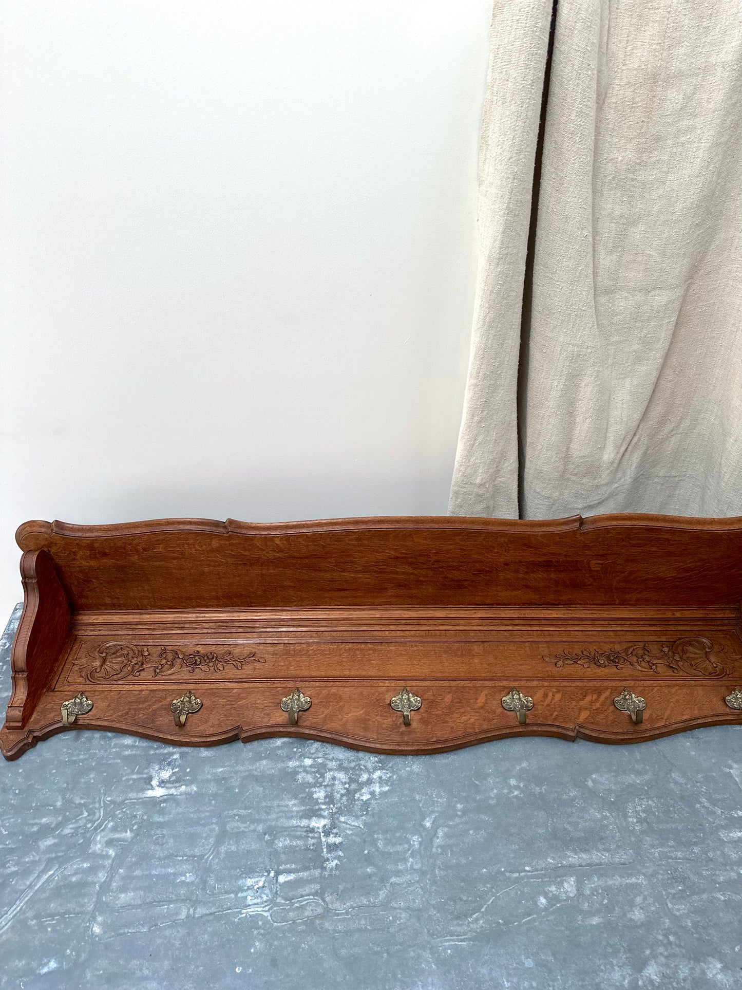 Antique French Large Oak 7 Hook Wall Shelf