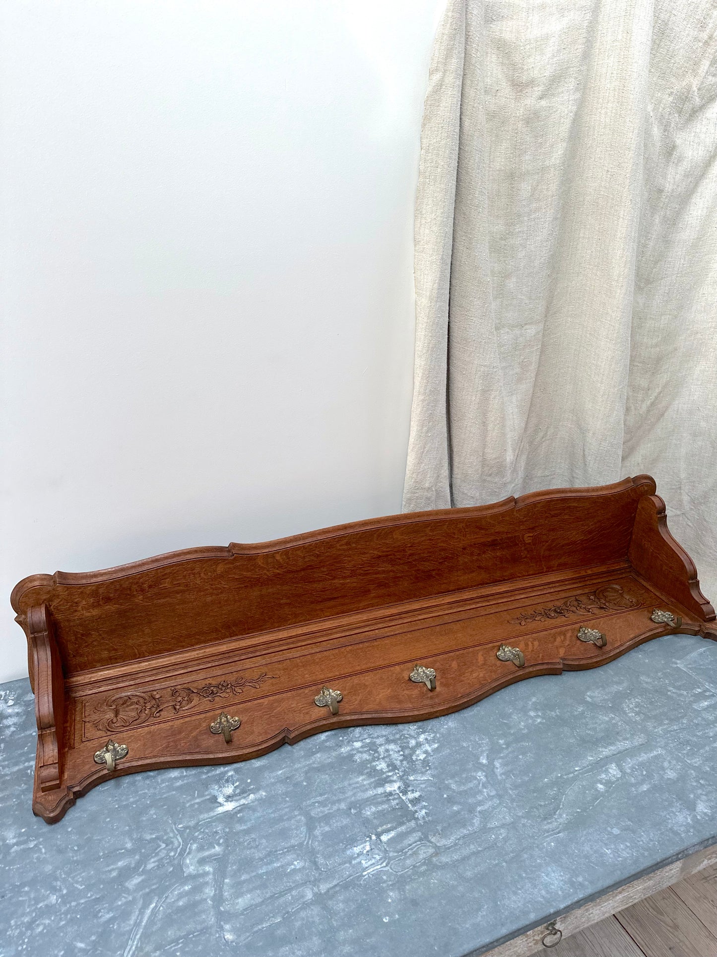 Antique French Large Oak 7 Hook Wall Shelf