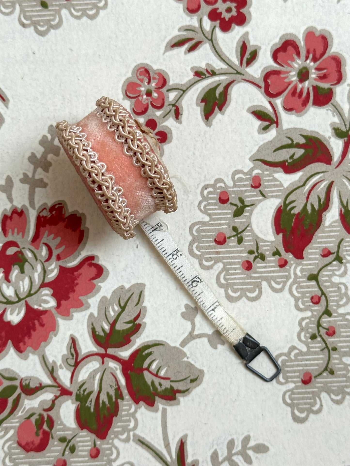 Antique French Small Pink Velvet Measuring Tape