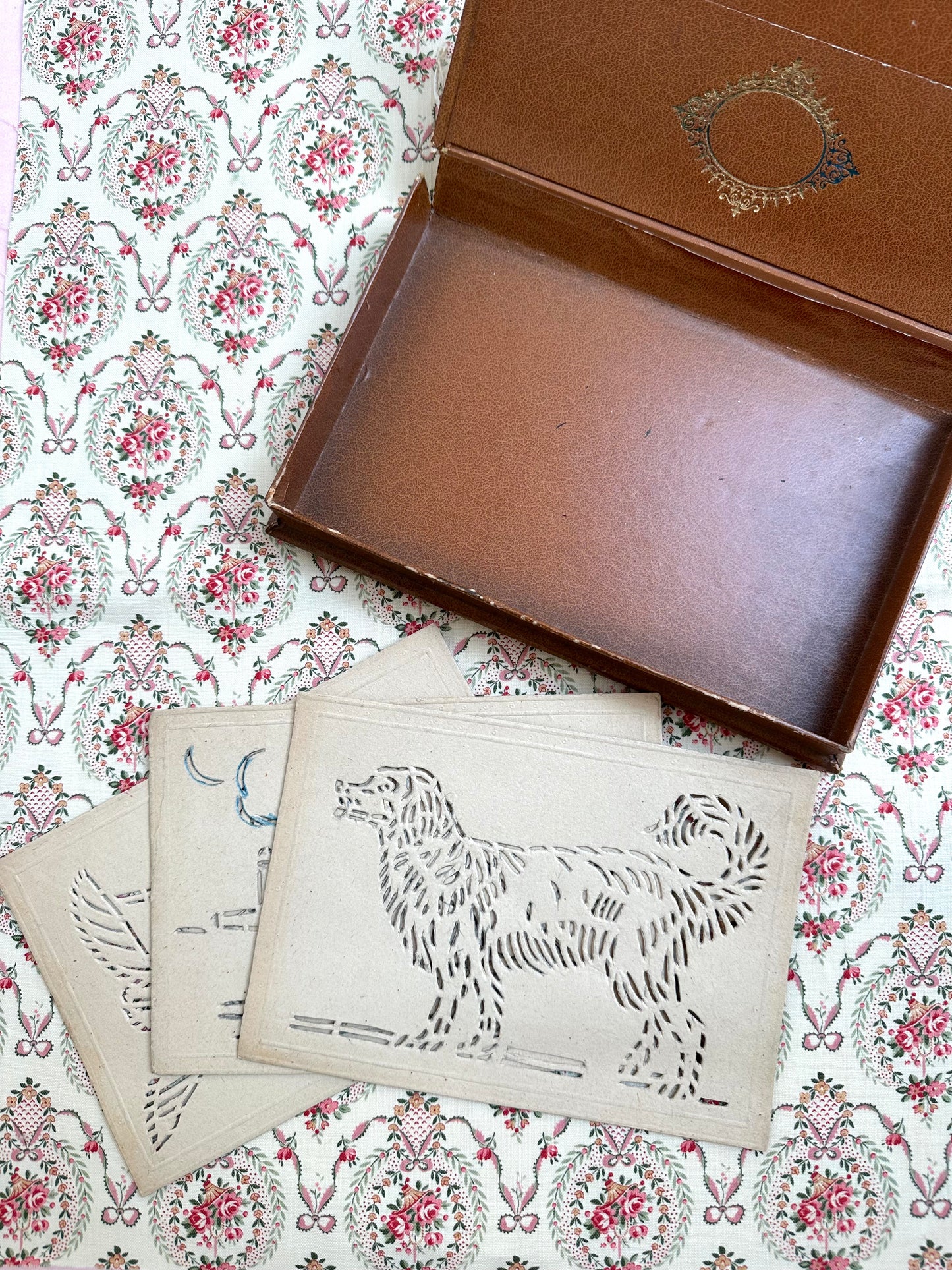 Vintage French Set Of Embroidery Stencils In Leather Box