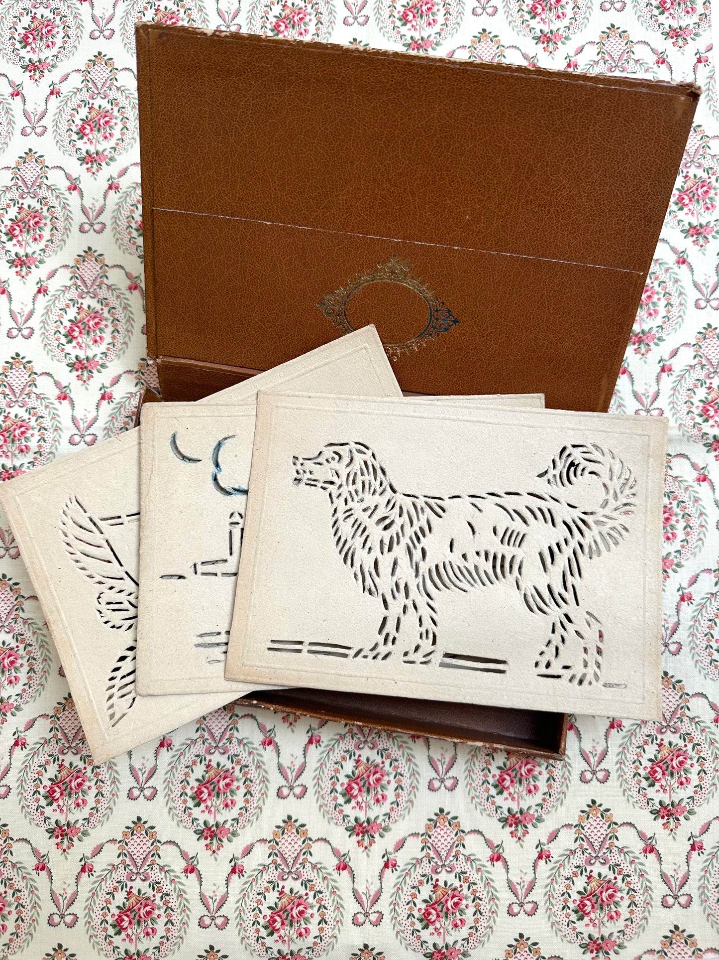 Vintage French Set Of Embroidery Stencils In Leather Box