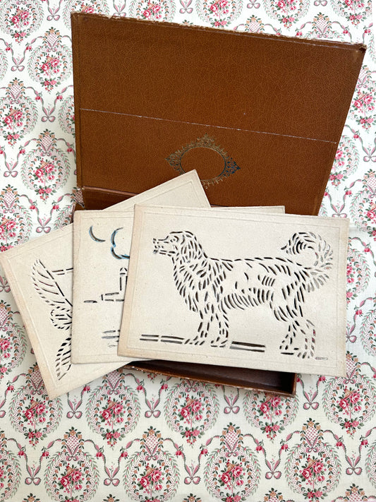 Vintage French Set Of Embroidery Stencils In Leather Box