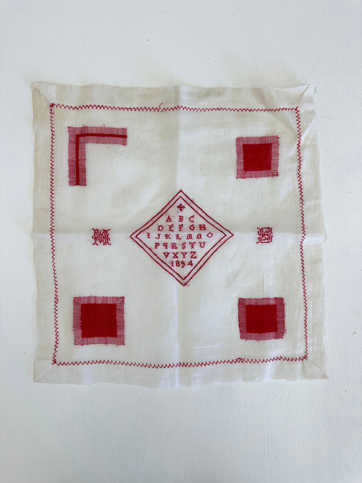 Antique French Detailed Embroidered Square Of Linen