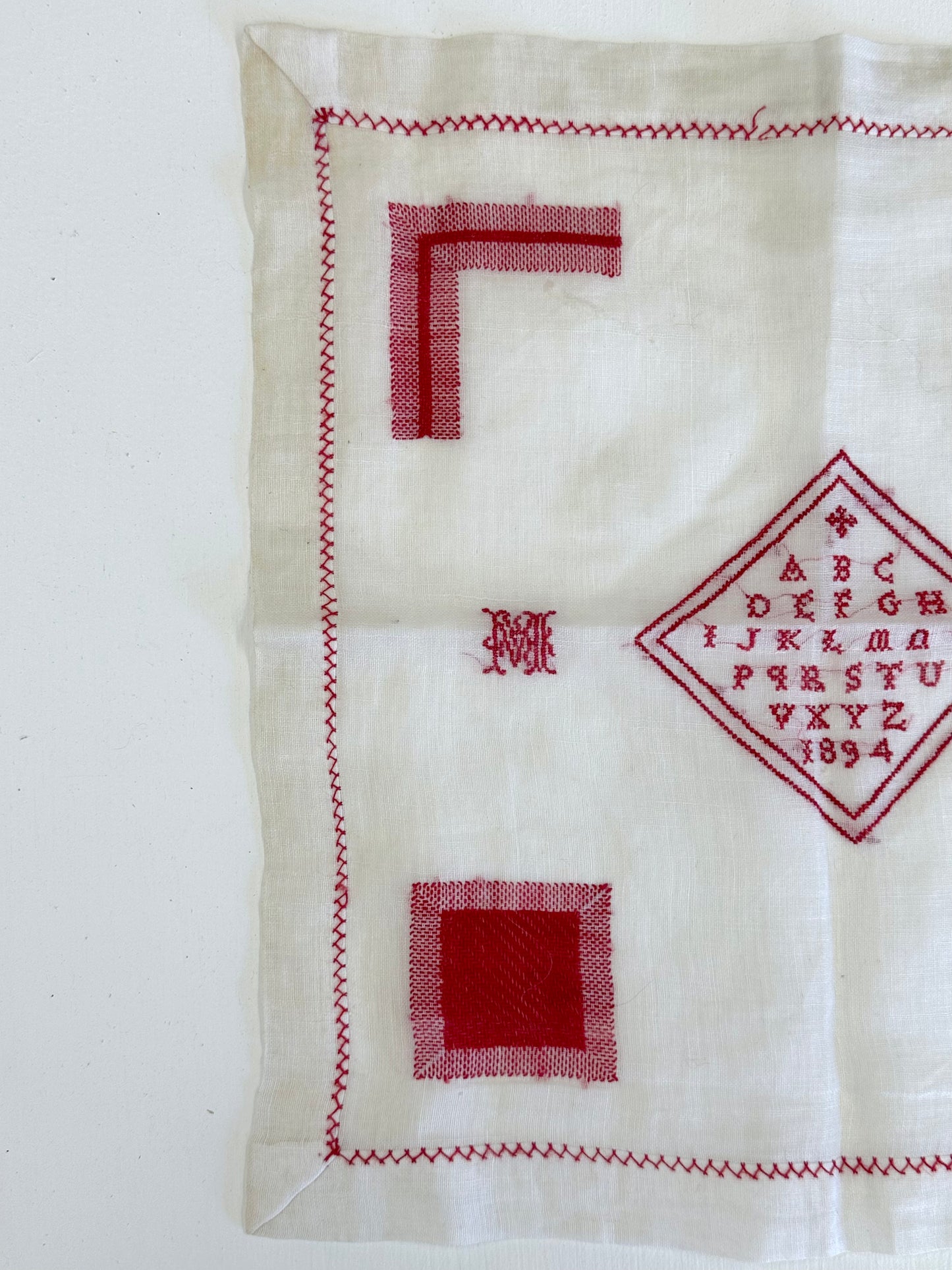Antique French Detailed Embroidered Square Of Linen