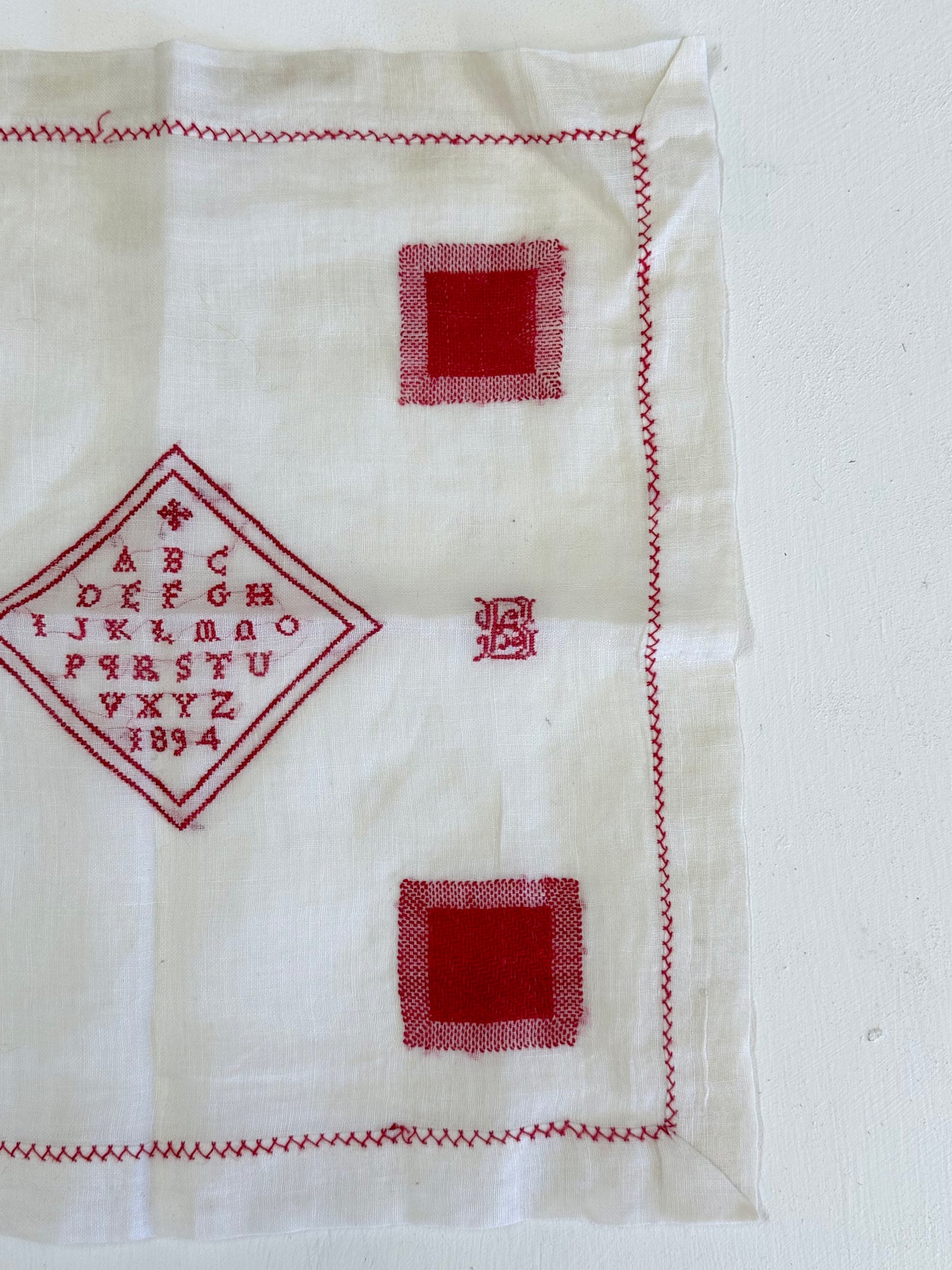 Antique French Detailed Embroidered Square Of Linen