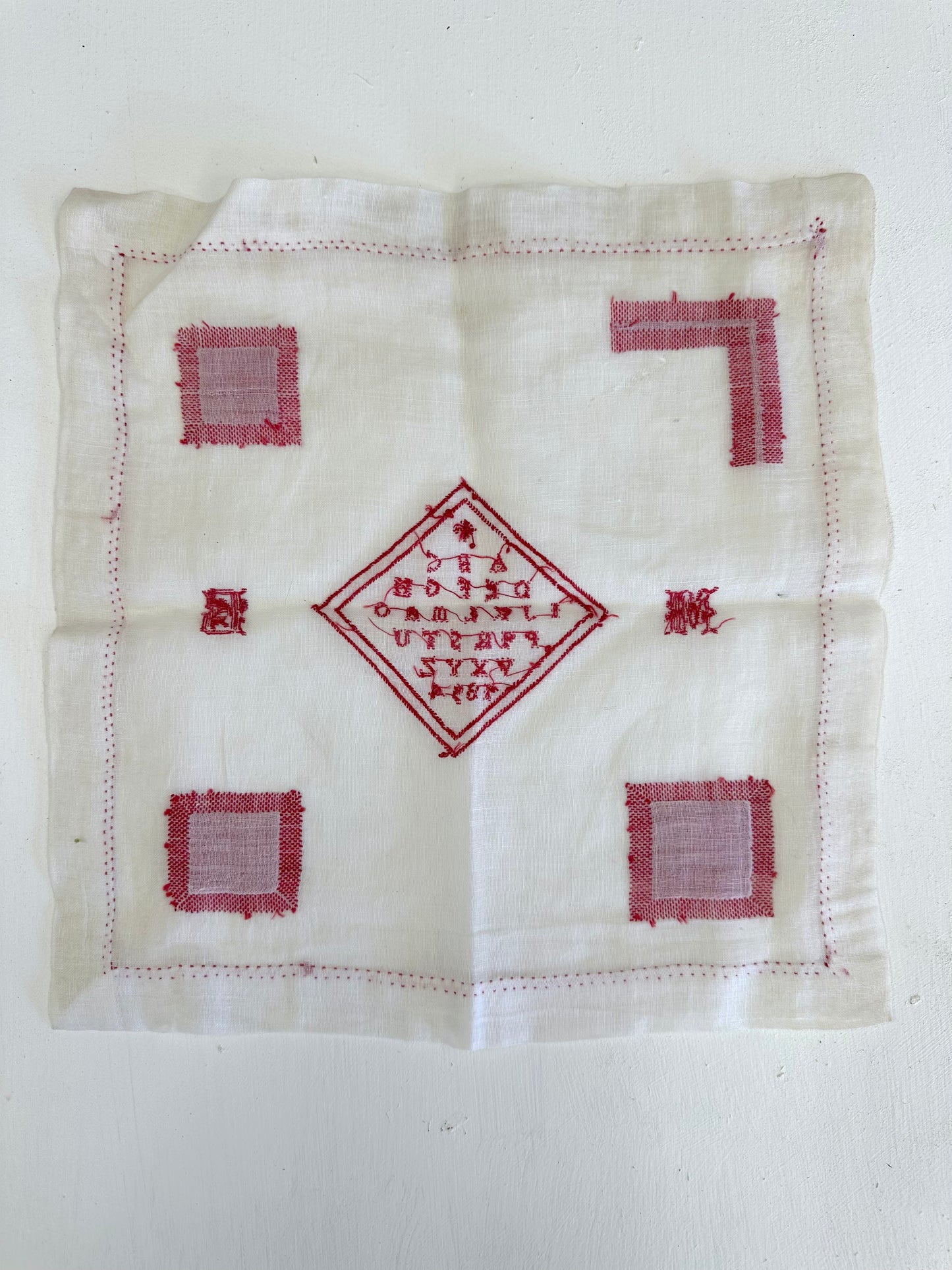 Antique French Detailed Embroidered Square Of Linen