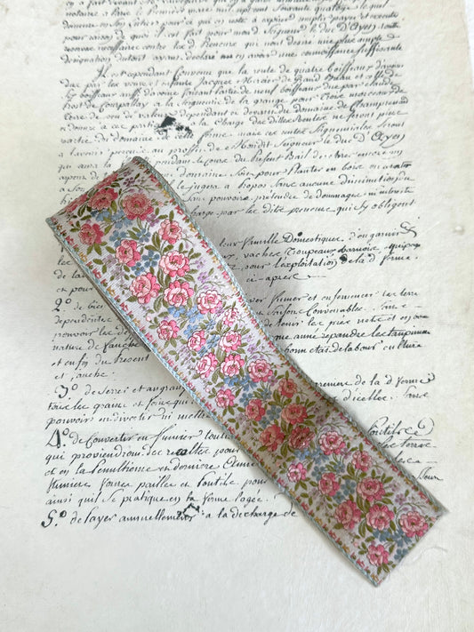 Vintage French Embroidered Floral Ribbon - White Background