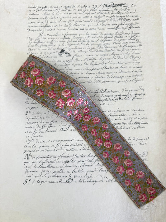 Vintage French Embroidered Floral Ribbon - Blue Background
